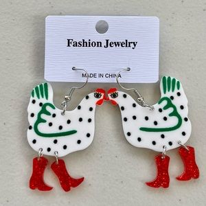 Cowboy Boots Farmhouse Chickens Hook Earrings